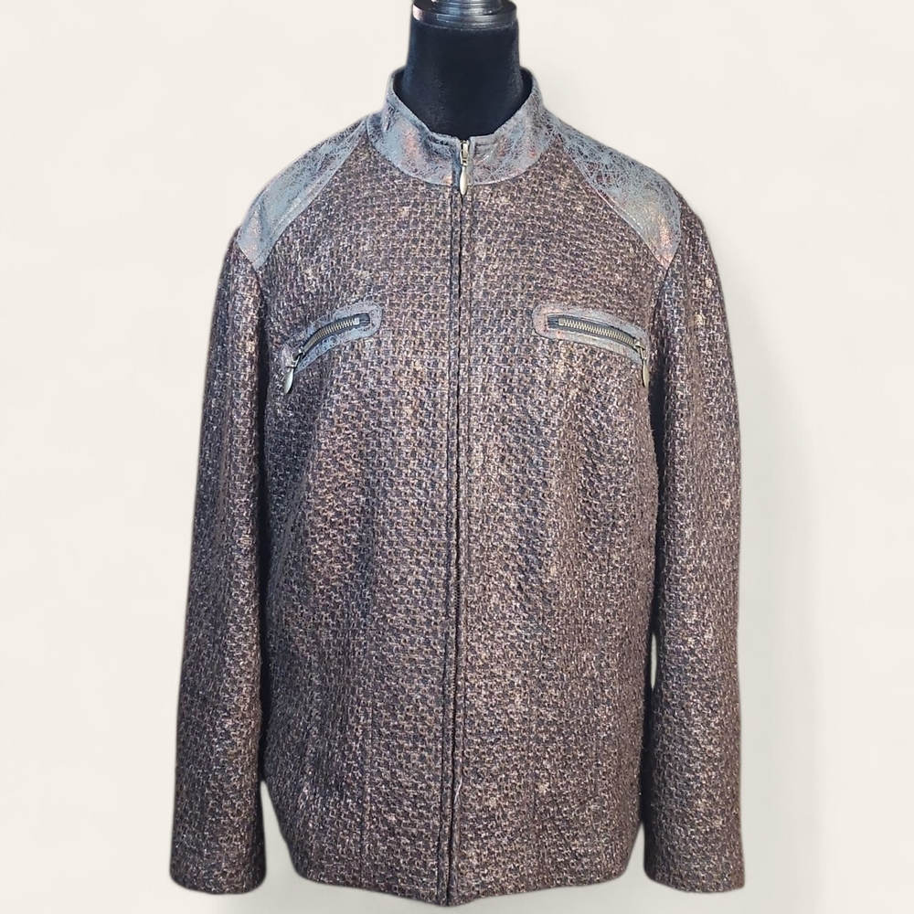 CHICO'S| Brown Bronze Copper Tweed Metallic Full Zip Gold Lined Jacket | XL 16